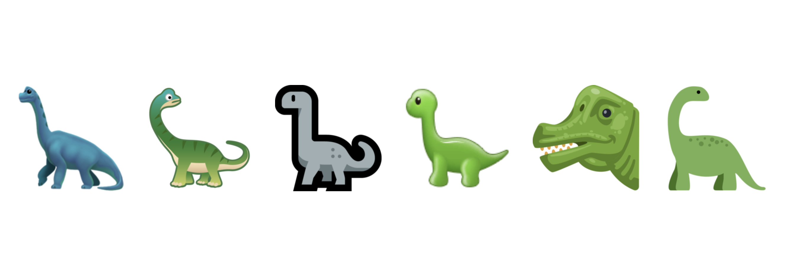 V.l.n.r.: Die Umsetzung des Sauropod-Emoji von Apple, Google, Microsoft, Samsung, Facebook und Twitter.